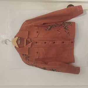 Chico's Rust Color Leaf‎ Embroidery and Applique Denim Jacket size 0